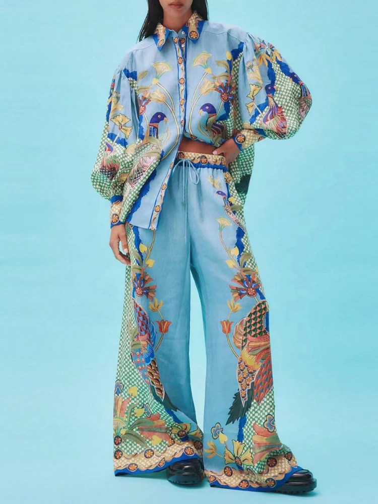 Birds Flower Printed Two Piece Set Women Long Lantern Sleeve Single Breasted Lapel Shirts Wide Leg High Waist Pants Suit Female
Birds Flower Printed Two Piece Set Women Long Lantern Sleeve Single Breasted Lapel Shirts Wide Leg High Waist Pants Suit Female