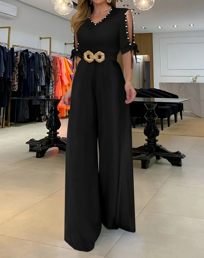 

Jumpsuit Women 2024 Summer Fashion Pearls Studded Split Sleeve Elegant V-Neck Half Sleeve Tied Detail Wide Leg Long Jumpsuit