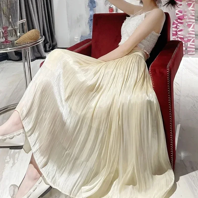 

Юбка Женская длинная блестящая шелковая, элегантная плиссированная трапециевидная юбка с высокой талией, с эластичным поясом, лето