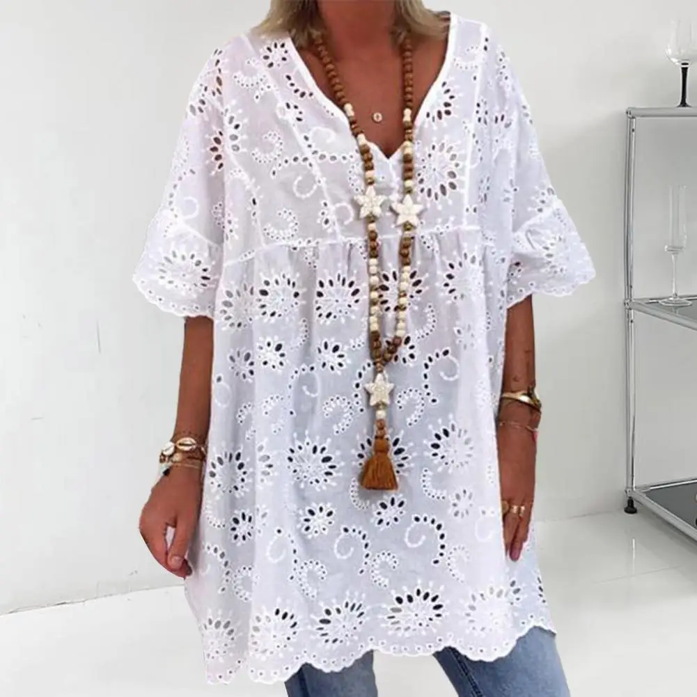 

Ladies Dress Stylish Women's V-neck Embroidered Mini Dress with Short Sleeves Ruffle Detail Summer Casual Loose Cover-up Dress