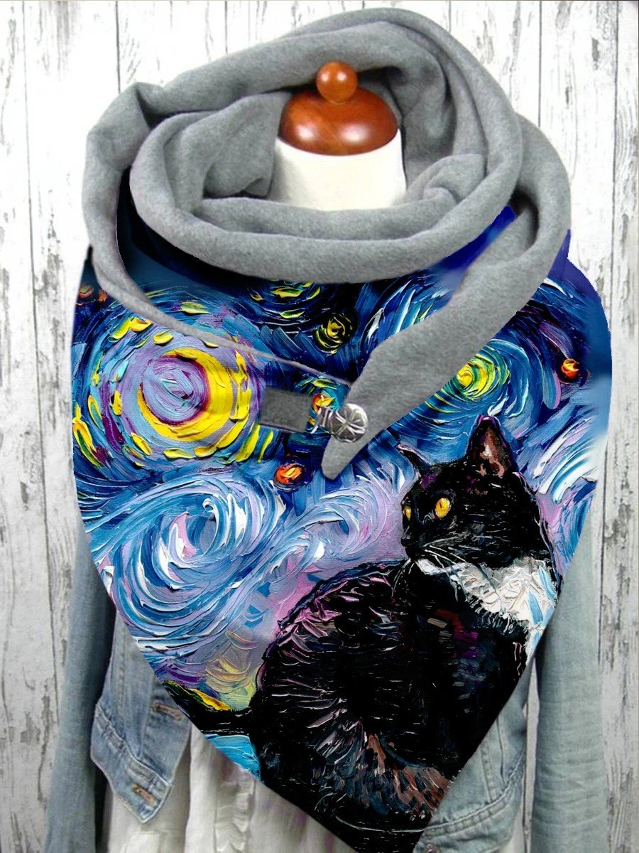 

Женский шарф-шаль с объемным принтом кота Ван Гога