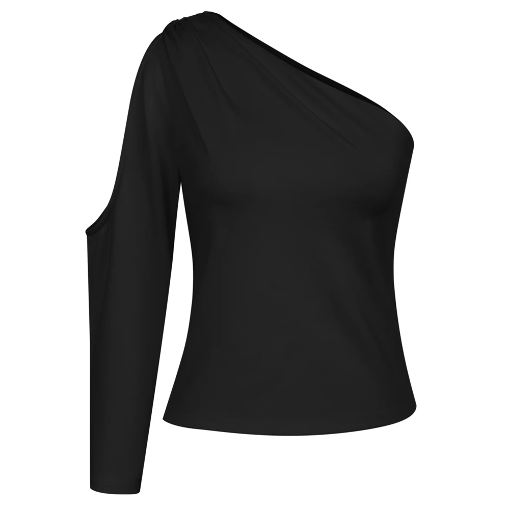 

KK Women Asymmetric One-Shoulder Tops Solid Color Single Long Sleeve Oblique Neck Sexy Cocktail Tees Fashion Party T-Shirts