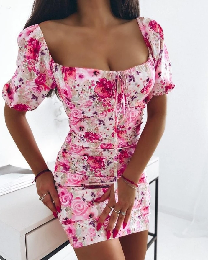 

Women's Elegant Luxury Dress Floral Print Tied Detail Mini Dress 2024 Latest Pencil Scoop Neck Short Sleeve Skinny Daily Skirt