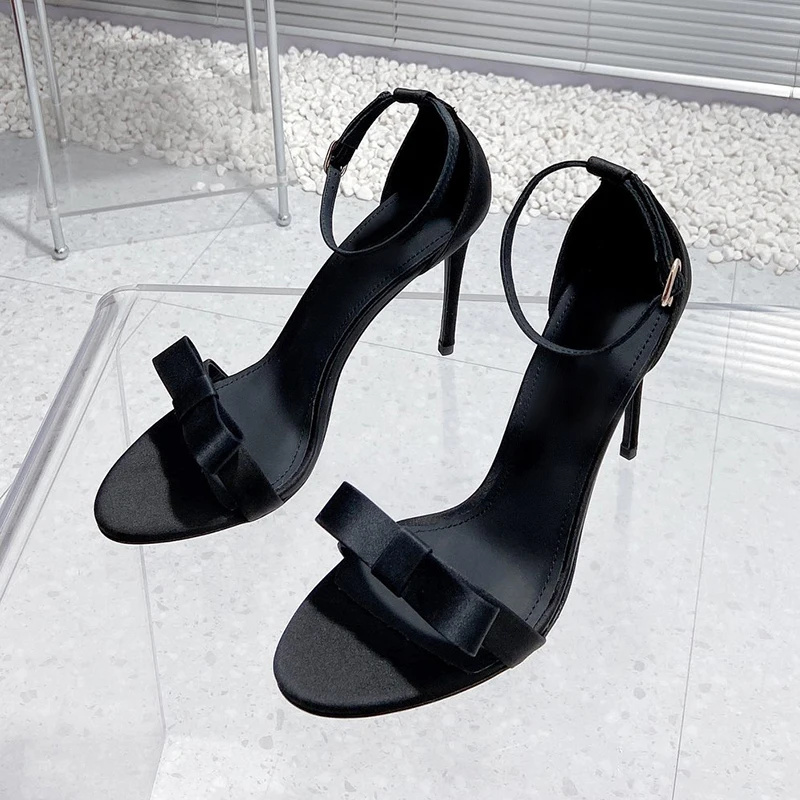 

New Women's High Heel Sandals Summer Bowknot Decor One Strap Design Banquet Sandals Satin Material Appear Thin Ladies Pumps