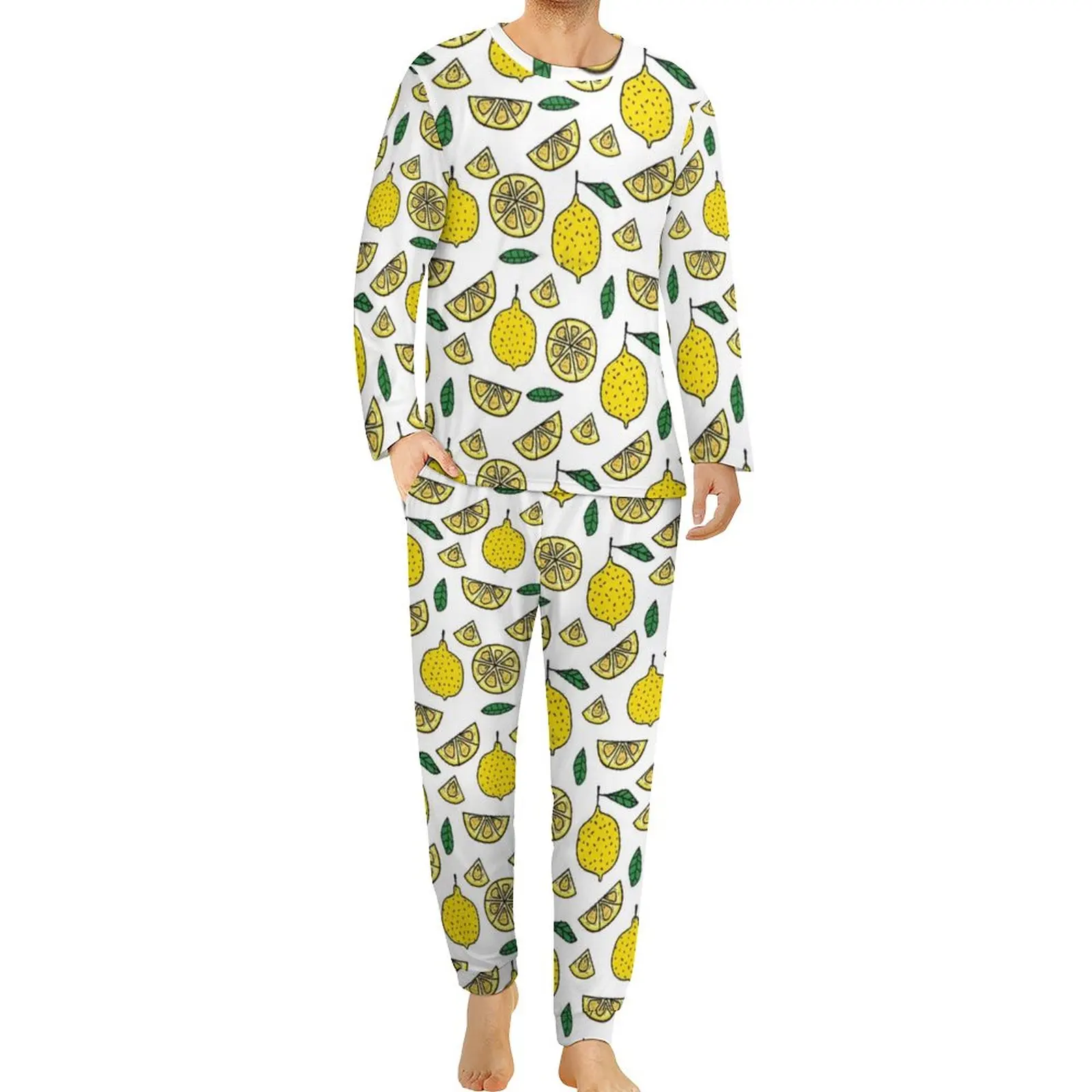 

Lemon Pajamas Winter Food Fruit Leaf Leisure Home Suit Men 2 Pieces Printed Long Sleeve Romantic Oversized Pajama Sets