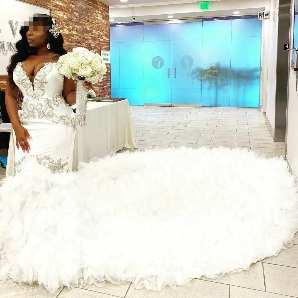 

African Mermaid Wedding Dress 2024 Sweetheart Ruffle Royal Train Beading Formal Bridal Gown Plus Size Pageant Robe De Mariage
