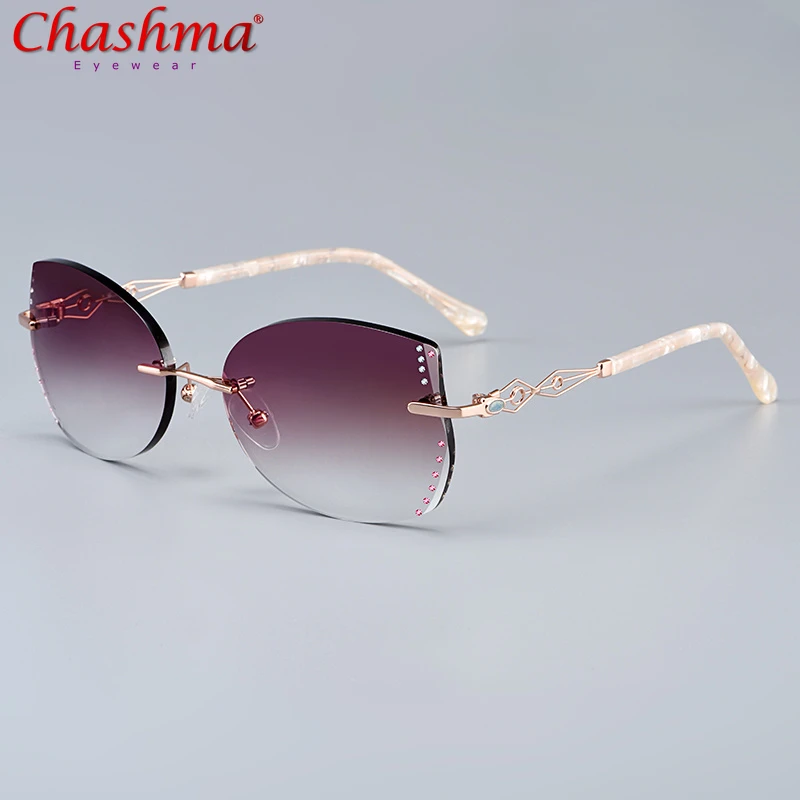 

Women Rimless Eyeglasses Cat Eye Sunglasses Tint Crystal Titanium Glasses Frame Prescription Spectacles Customize Lenses
