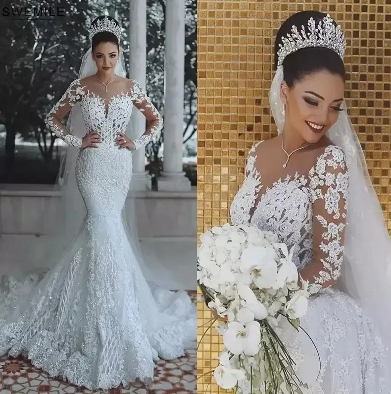 

Dubai Saudi Arabic Lace Mermaid Wedding Dress Sexy Illusion Long Sleeve Bride Dresses Crystals Beads Wedding Gowns Robes De Mari