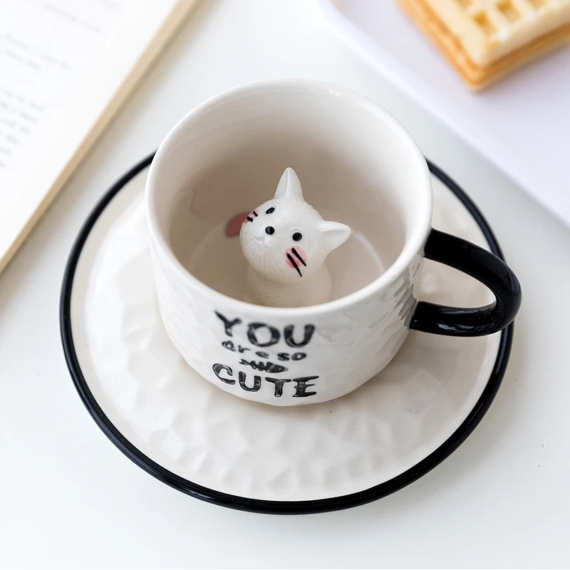 

HF Cute Cat Relief Ceramics Mug With Tray Coffee Milk Tea Handle Porcelain Cup Novelty Gifts