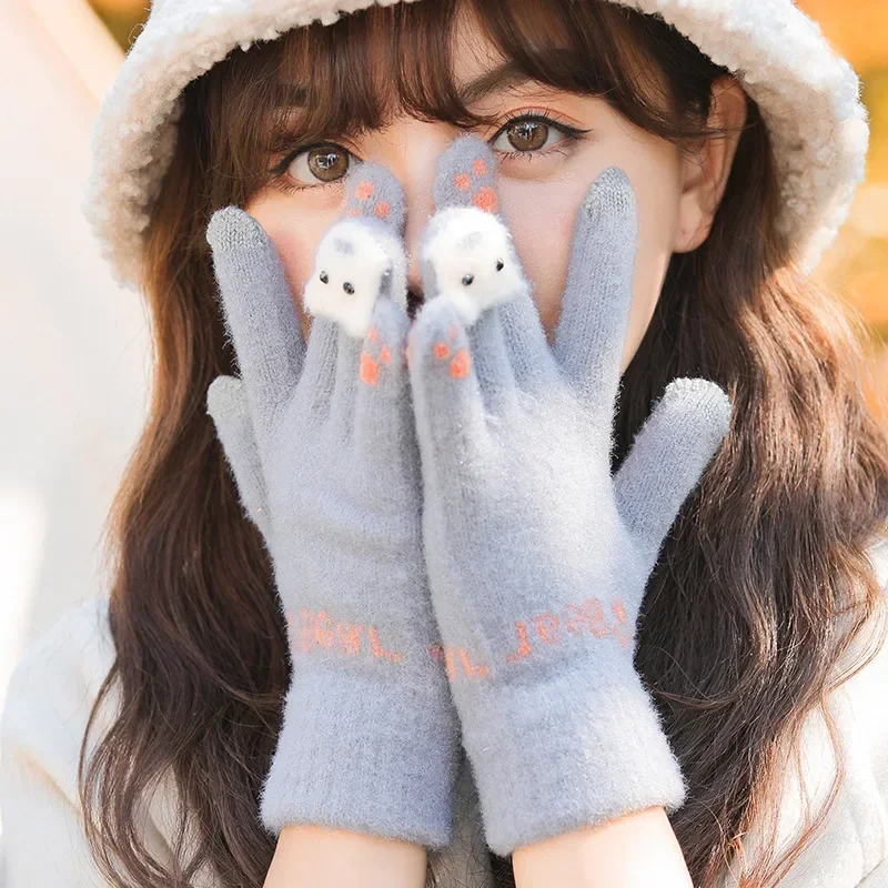 

Cute Winter Y2K Women Touchscreen Gloves Warmer Thermal Fleece Lined Guantes Full Finger Mittens Knitted Yarn Motorbike Glove