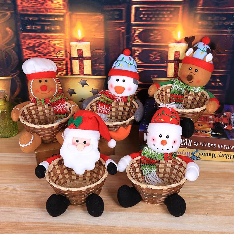

1Pcs Christmas Candy Storage Basket Hand-woven Candy Bamboo Basket Santa Claus Snowman Elk Doll Xmas New Year Decor 2024 Navidad