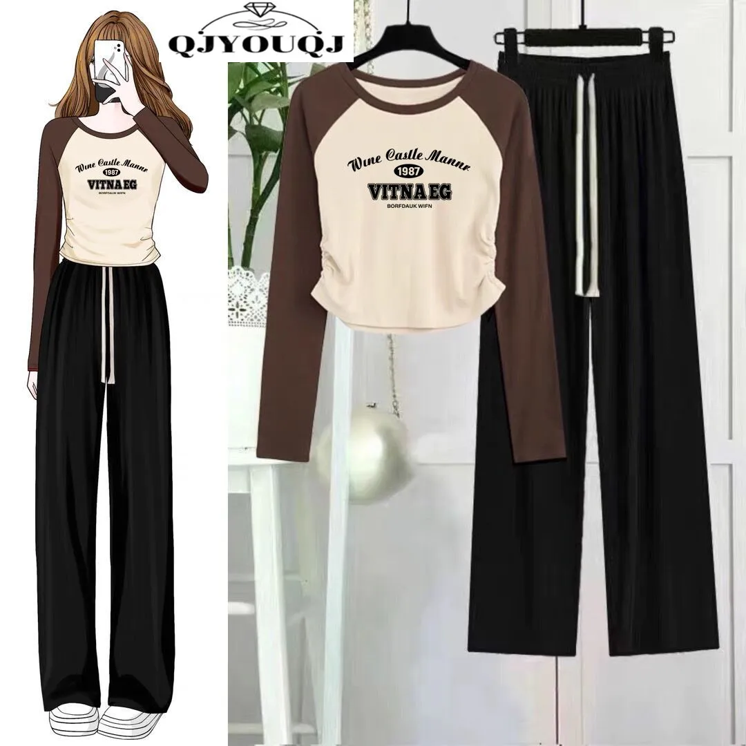 

Fashion Women's Set Spring/Summer Long Sleeved T-shirt Raglan Contrast Top+High Waist Wide Leg Pants Two Piece Set