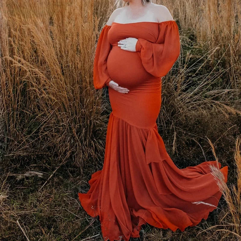

Платье для беременных пикантное шифоновое с открытыми плечами и длинными рукавами платье-Русалка для беременных Макси платье реквизит для фотосъемки