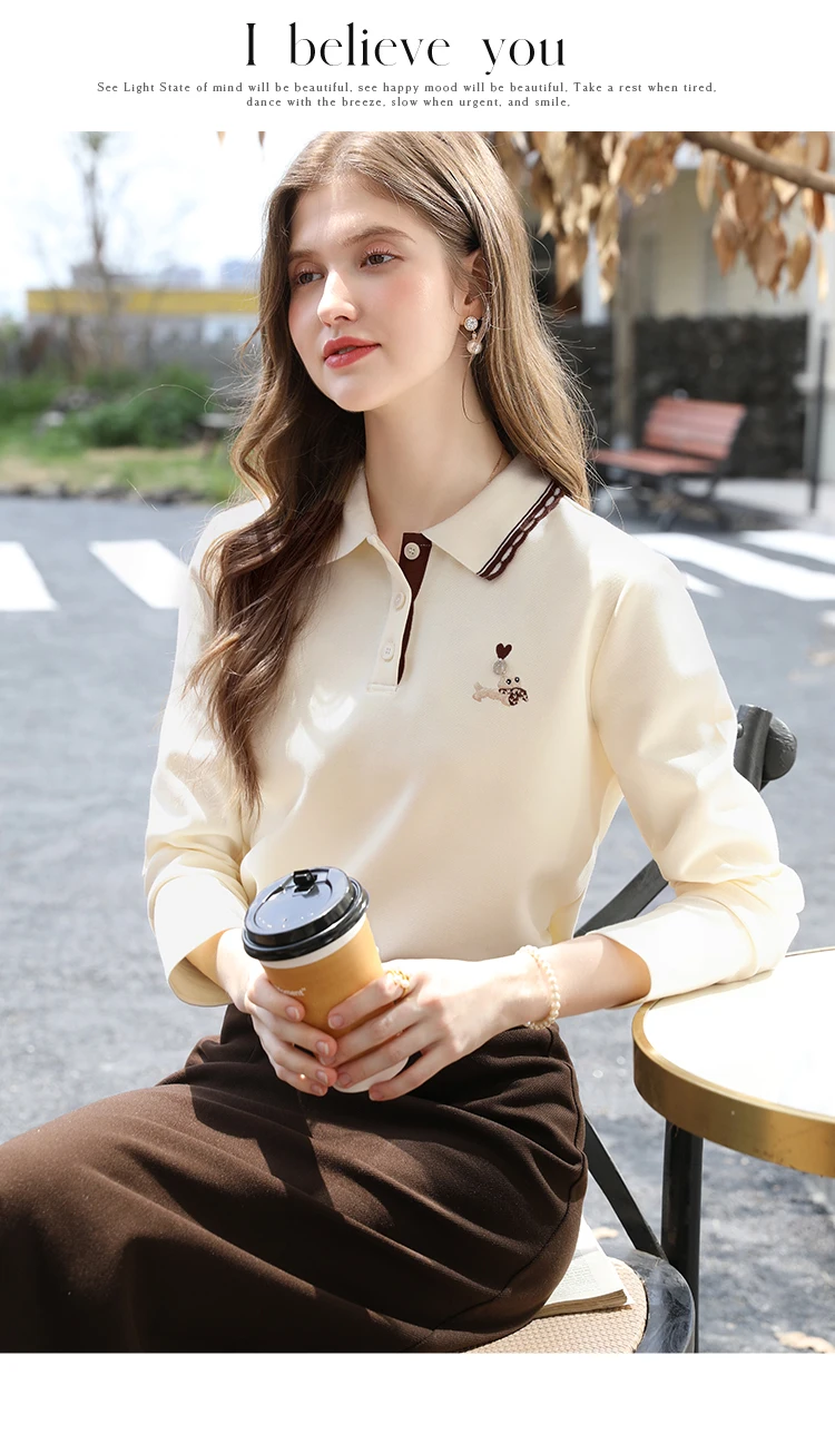 I BELIEVE YOU Polo Neck Long Sleeved T-shirt for Women Autumn 2025 Apricot Casual Tees Contrast Color Embroidery Top 2253016181 103 S03dc9f47fb6542c6a27fa9243afc13928
