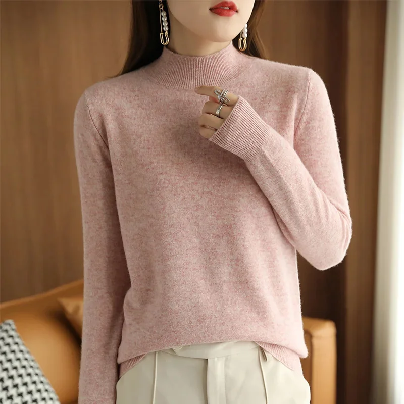 

23Autumn Winter New Half Turtleneck Sweater Women's Large Size Loose Basic Pure Color Wild Knitted Bottoming Shirt Soft Stretch