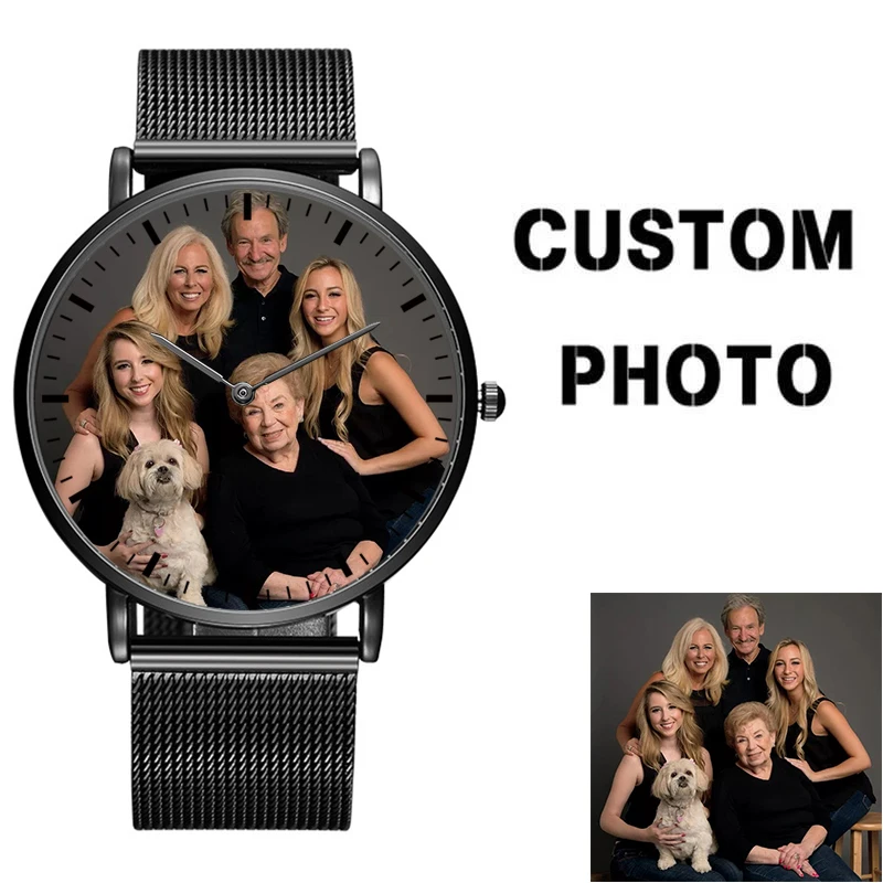 

Custom Watch with Photo Black Stainless Steel Mesh Band Japanese Quartz Movt Personalized Image Watch