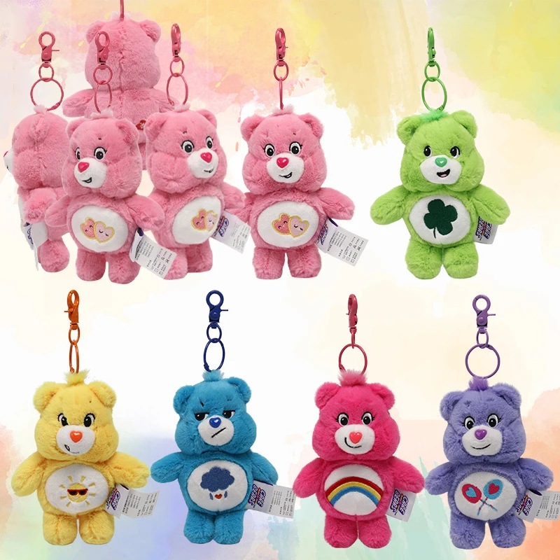 

Popular Kawaii Carebear Rainbow Bear Anime Plush Doll Toy That Makes A Ring When Pinched Keychain Knitted Pendant Gift for Girls
