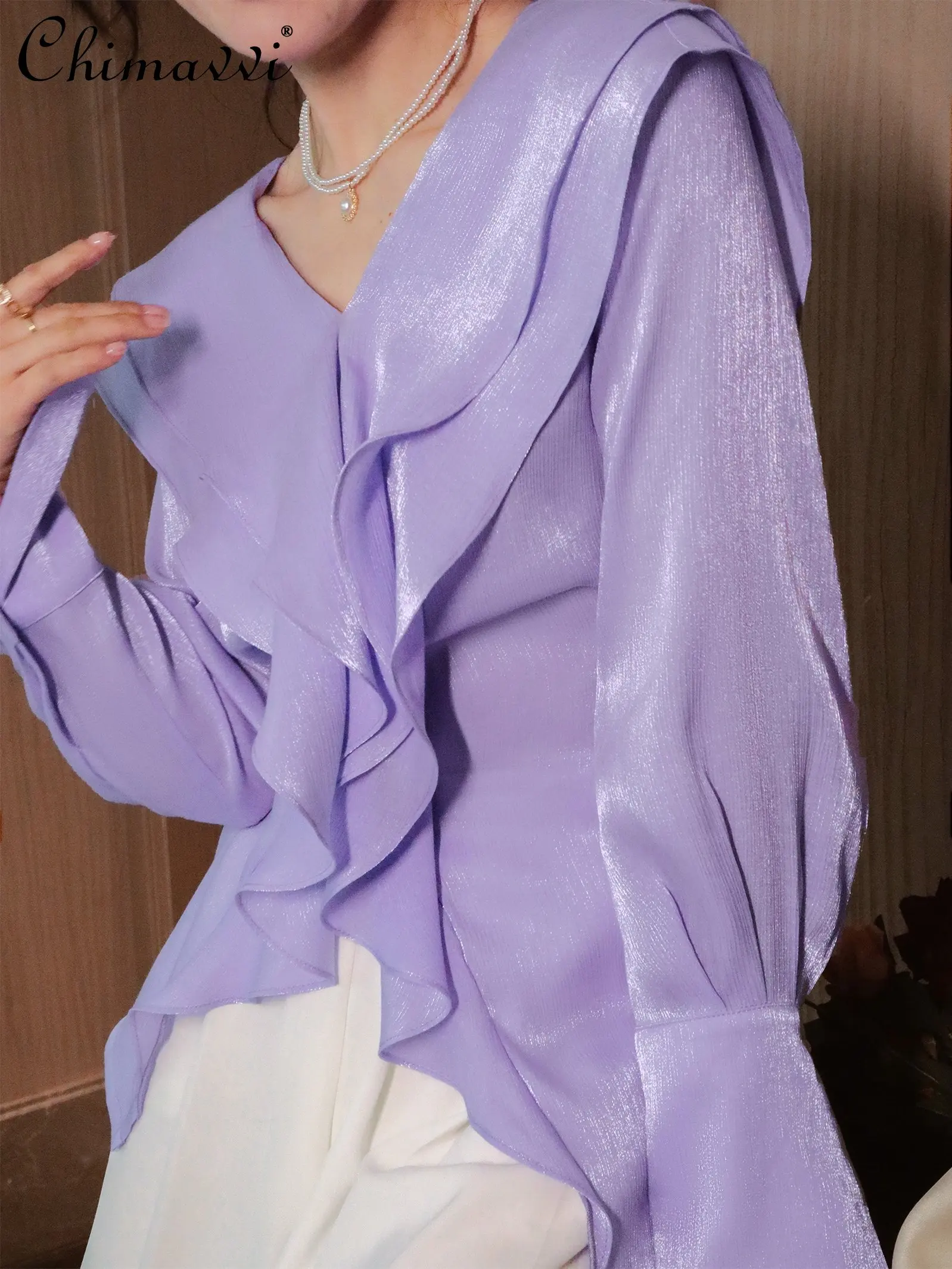 

Fairy Style Crystal Purple V-neck Flounce Shirt Spring Bell Sleeve Sweet Waist Trimming Self-Tie Slit Glossy Silk Cotton Top