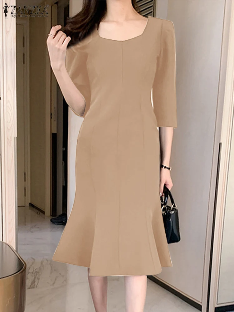 

Summer OL Work Midi Sundress 2023 ZANZEA Elegant Women 3/4 Sleeve Solid Fishtail Vestido Robe Femme Solid Fashion Badycorn Dress