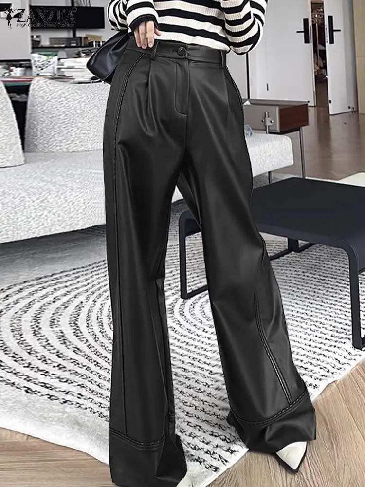 

ZANZEA PU Wide Leg Sexy High Waist Pantalon Bell Bottom Flared Long Pant 2023 Women Elegant Trousers Stretchy Faux Leather Pants