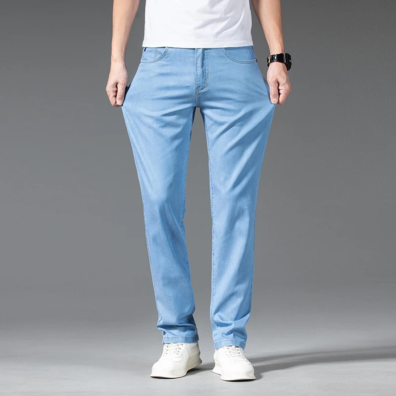 2023 Summer Ice Silk Fabric Men's Straight Thin Jeans Business Casual Classic Sky Blue Stretch Pants Male Brand Trousers
2023 Summer Ice Silk Fabric Men's Straight Thin Jeans Business Casual Classic Sky Blue Stretch Pants Male Brand Trousers