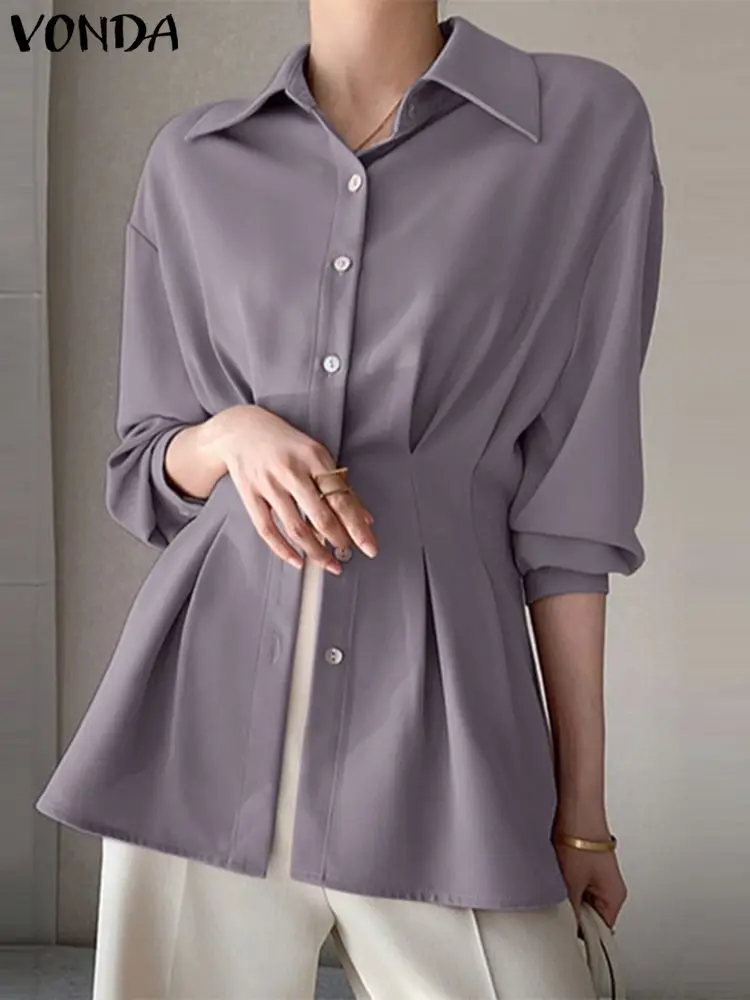

Модная блузка VONDA 2023, рубашки с длинным рукавом, женские осенние элегантные плиссированные однотонные повседневные топы на пуговицах, туника, блузы для женщин