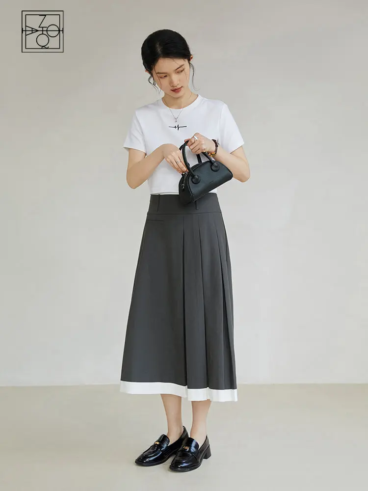 

ZIQIAO Grey Design Feeling Pleated Skirt For Female Minority 2023 Summer New High Waist A-Line Skirt For Women Casual Loose