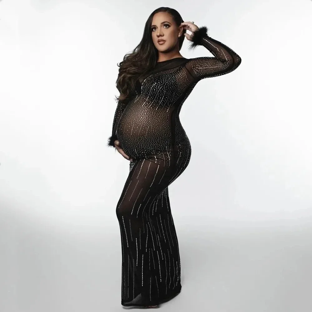 

Photography Maternity Gown For Party Sexy Shiny Goddess Long Dress Hot Fixed Rhinestone Pregnant Woman Dress For Photoshoot Prop