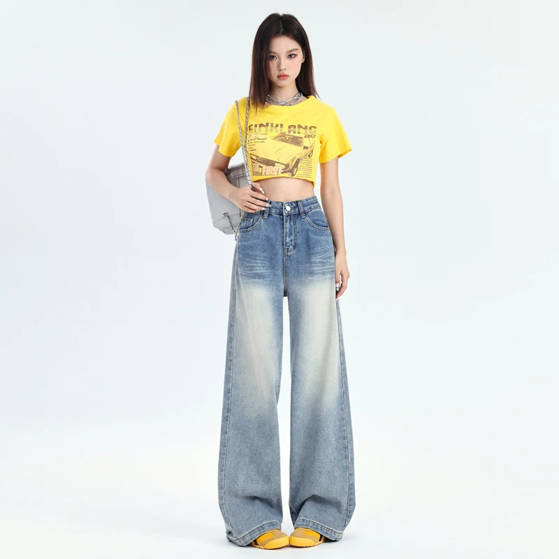 

Retro High Waisted Washed Wide Leg Jeans Women Summer New Baggy Straight Denim Pants Korean Style Wide Leg Pants