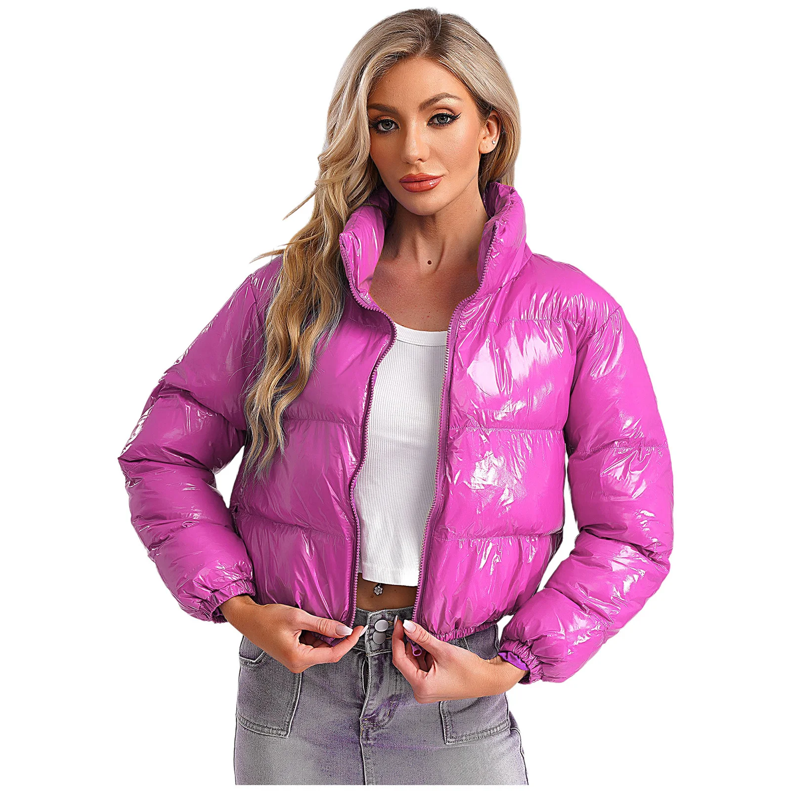 Women's Metallic Glossy Puffy Padded Jacket Quilted Outerwear Coat with Zipper Winter Stand Collar Outdoor Streetwear Women's Metallic Glossy Puffy Padded Jacket Quilted Outerwear Coat with Zipper Winter Stand Collar Outdoor Streetwear
