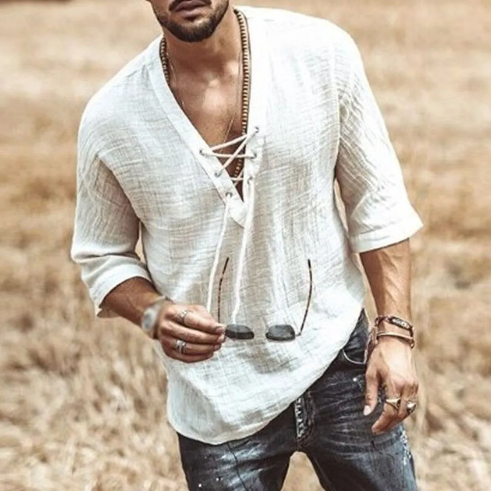 New Men Casual Retro V-Neck Drawstring Street Shirt Casual Loose Tee T-Shirt Blouse Tops Solid Color 3/4 Sleeve Male T-shirt
New Men Casual Retro V-Neck Drawstring Street Shirt Casual Loose Tee T-Shirt Blouse Tops Solid Color 3/4 Sleeve Male T-shirt