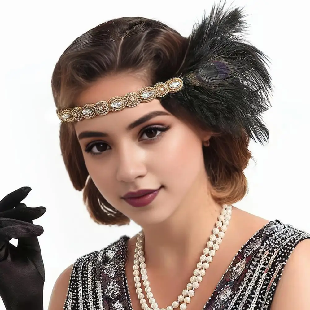 

1920s Headband Vintage Gatsby Party Black Rhinestone Headband for Women 1920s Flapper Prom Hair Band with Feather Headpiece