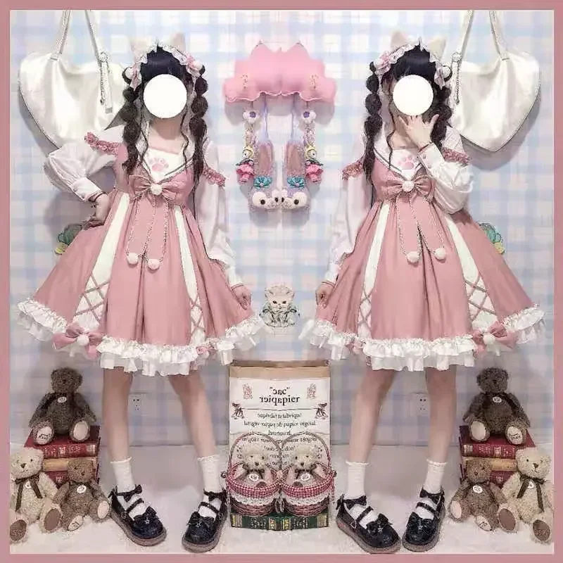 

M-4XL sweet girly pink bow lolita dress loose long sleeve sweet kawaii Tea Party Princess cos Lolita op dress Fairy Kei