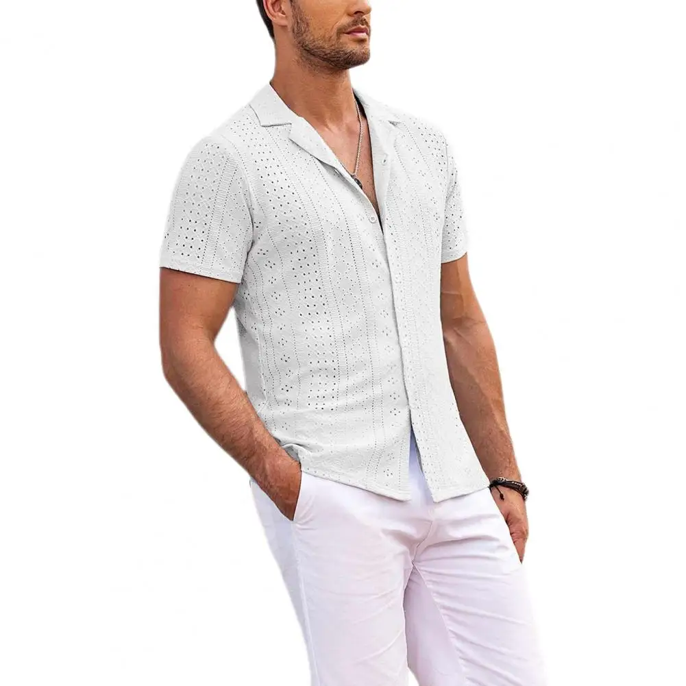 

Men Beach Top Cutout Shirt Stylish Men's Hollow Out Summer Shirt with Turn-down Collar Short Sleeves Breathable Vacation for A