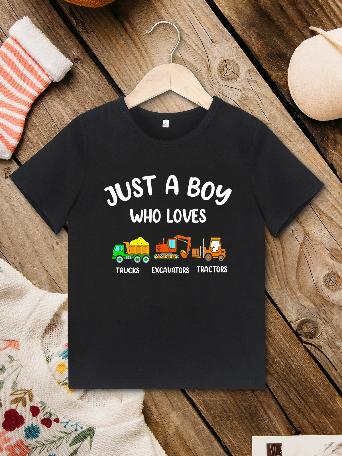 

Just a Boy Who Loves Trucks Excavators Tractors T-shirt Cartoon Stylish 3 to 7 Years Baby Boy Clothes Short Sleeve Round Neck