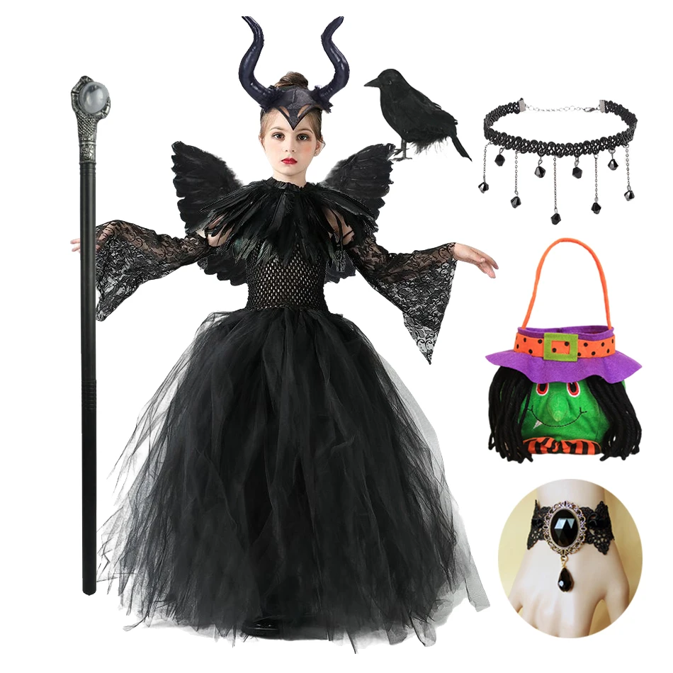 

Disney Maleficent Witch Halloween Costume for Kids Black Gothic Dark Evil Queen Cosplay Tutu Princess Dress Girls Party Clothes