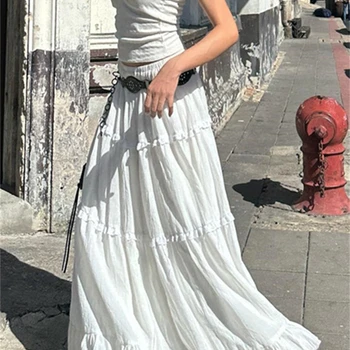 Saia Longa Branca Sensual: O Essencial de Verão para Mulheres Estilosas 10 wsevypo Fairycore Elegant White Flowy Hem Long Skirts Women Elastic Waist Ruffle Lace Trim Flare A-Line Skirts Retro Streetwear