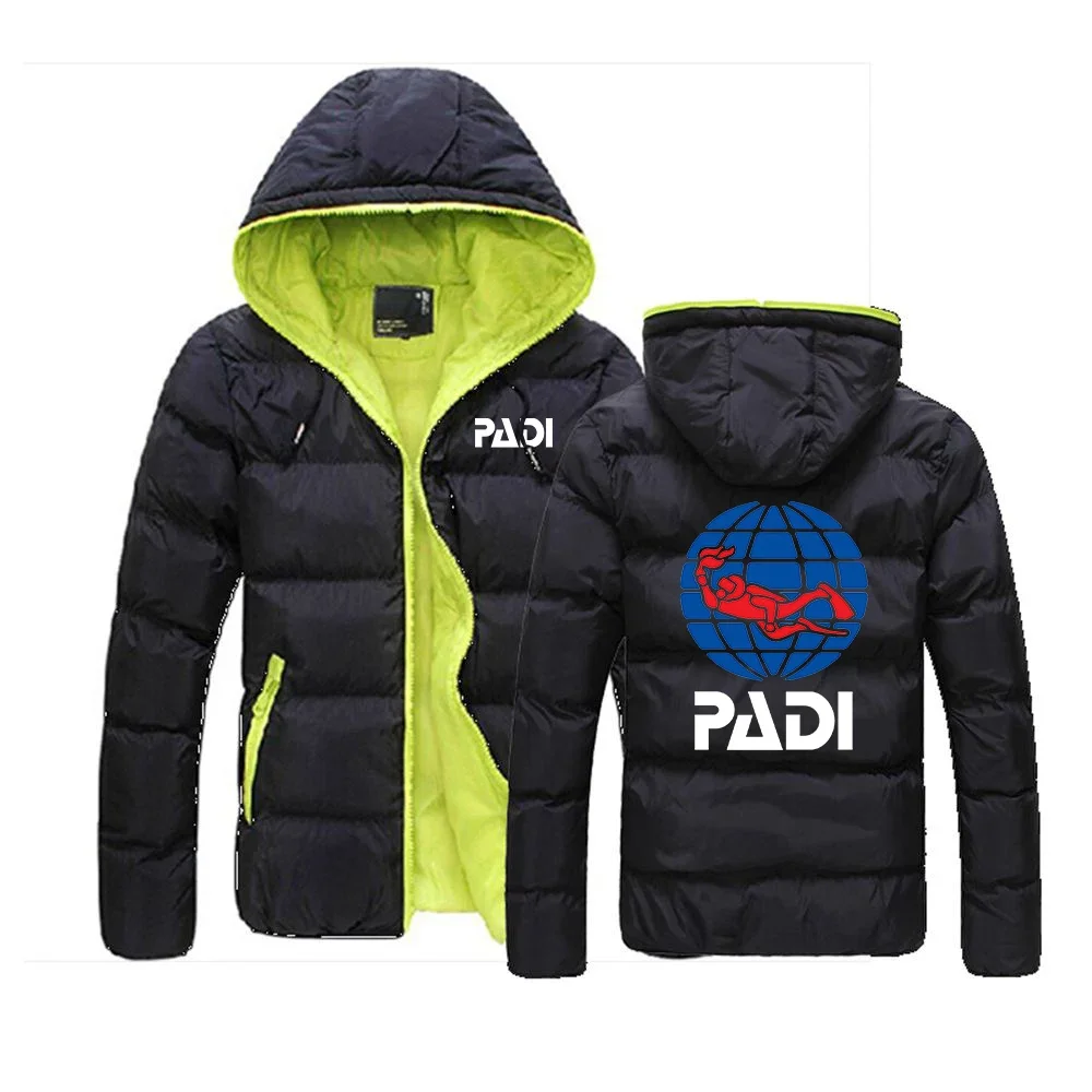 

Scuba Driver Padi Printed 2024 Men's Autumn Winter Color Block Zipper Warm Cotton Coat Casual Hooded Jacket Fashion Outdoor