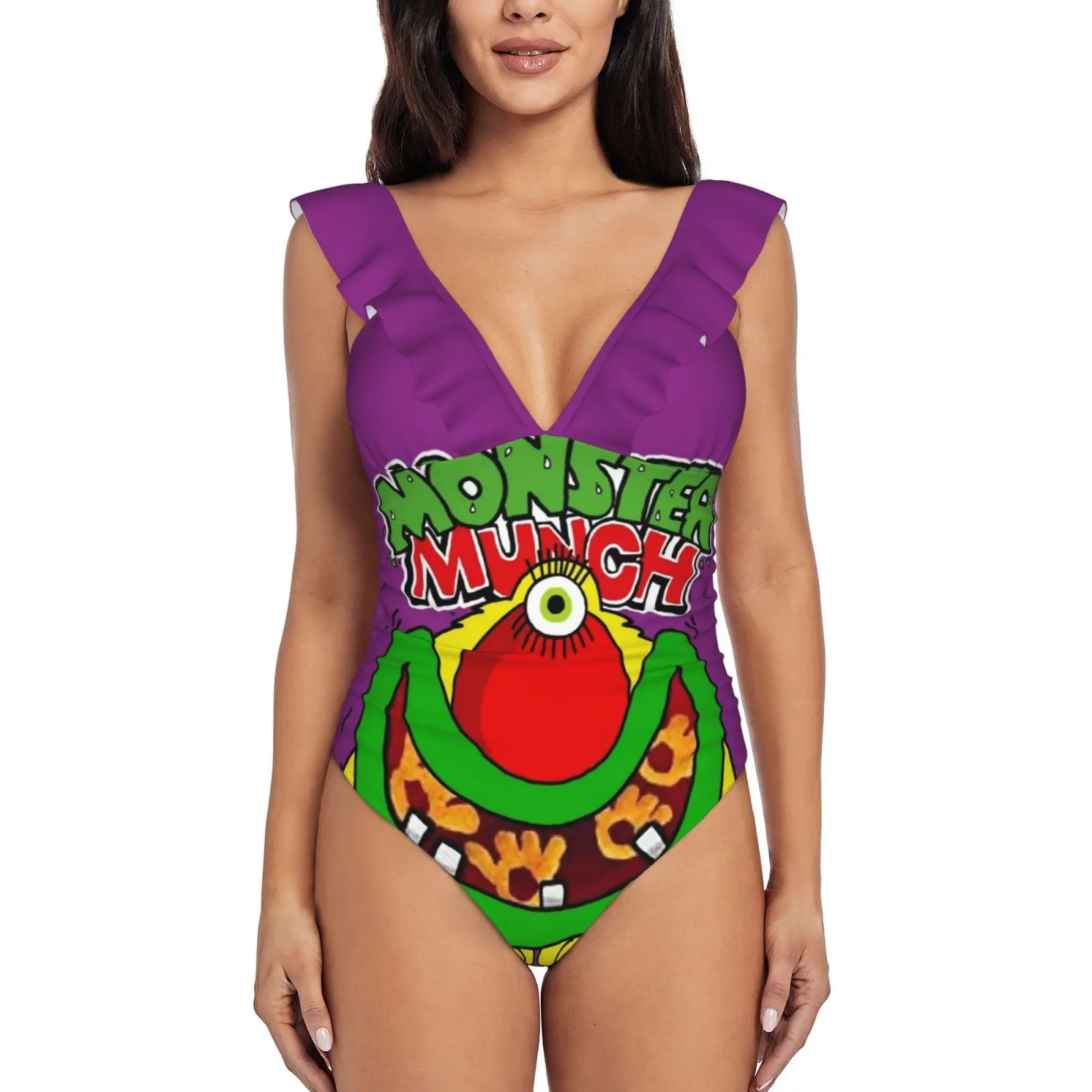 

Monster Munch Pickled Onion New Print Swimwear Deep-V Ruffle Swimsuit One Piece Swimsuit Beach Wear Monokini Crisps Monster
