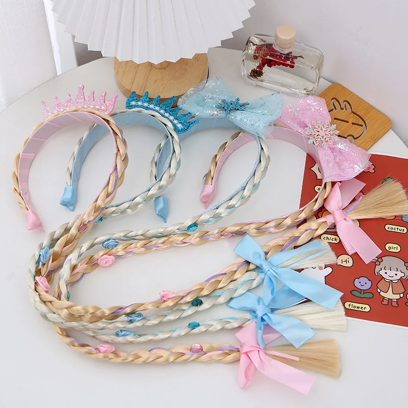 

Girls Pink Blue Flower Weaving Braid Headband Kids Princess Dress Up Hair Accessories Elsa Cosplay Costume Wig Party Accessories