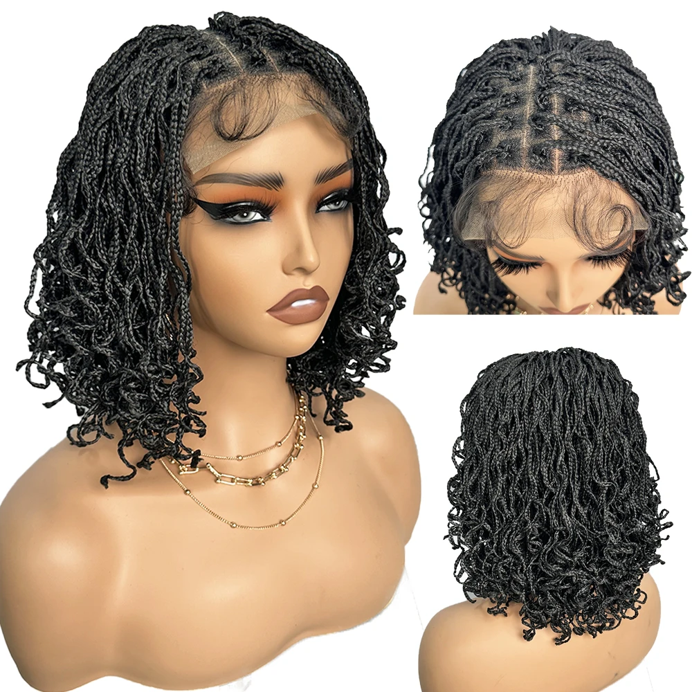 

Synthetic 4x4 Lace Front Braid Wig 14inch Curly Faux Locs Dark Burgundy Large Parting Space Twist Dreadlock Wigs for Black Women