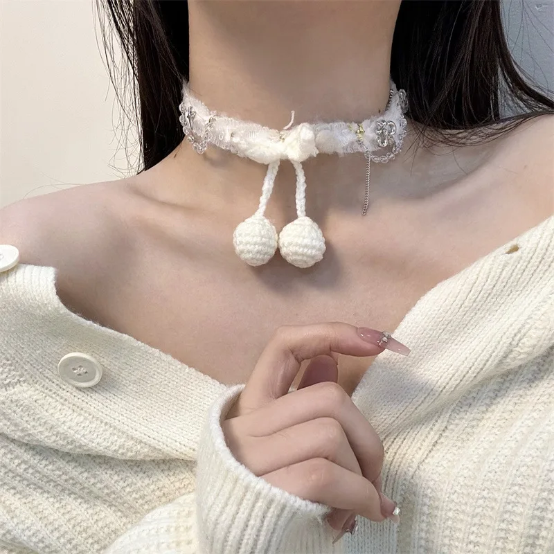 

Autumn and Winter Plush Solid Color Cherry Bow Neck Chain Collar Collar Chain Light Luxury and Unique Design NecklaceAccessories