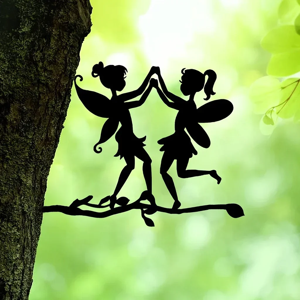 

HELLOYOUNG Add A Magical Touch To Your Garden with Two Elves on Branch Steel Silhouette Metal Wall Hanging Art Decoration for Ga