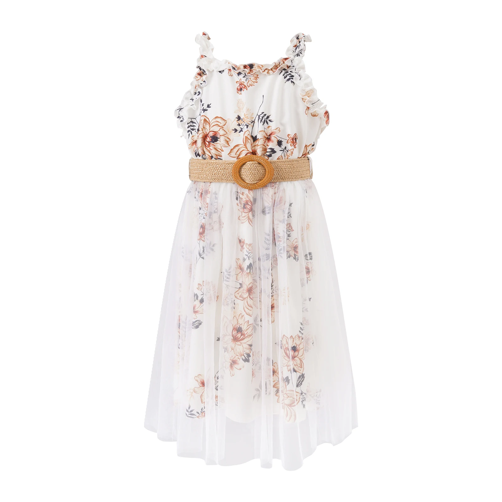 

Summer 2023 Kids Girls Stylish Floral Print Sleeveless Dress Ruffles Shoulder Straps Tulle Overlay Dresses with Adjustable Belt