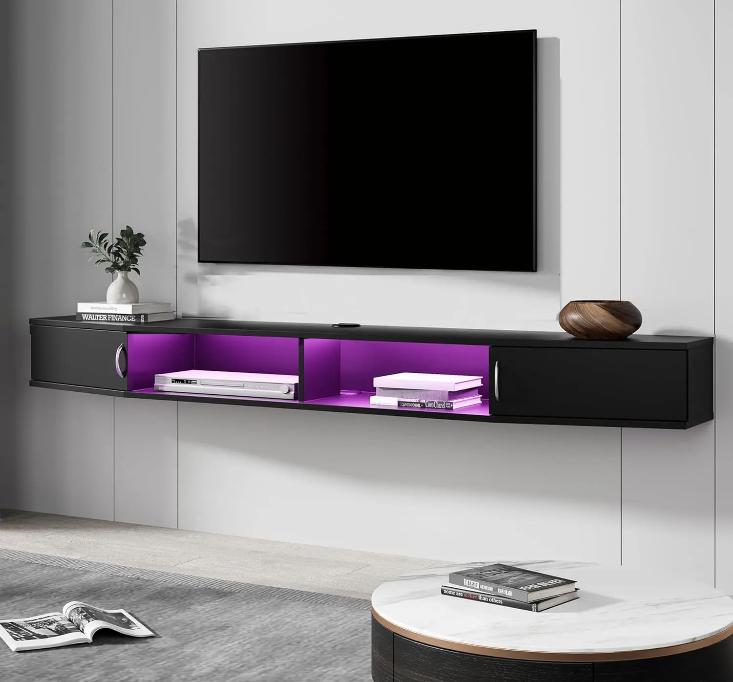 

Floating TV Stand Wall Mounted Shelf with Colorful LED Lights,Wood Media Console Entertainment Center Under TVCabinet Hutch Desk