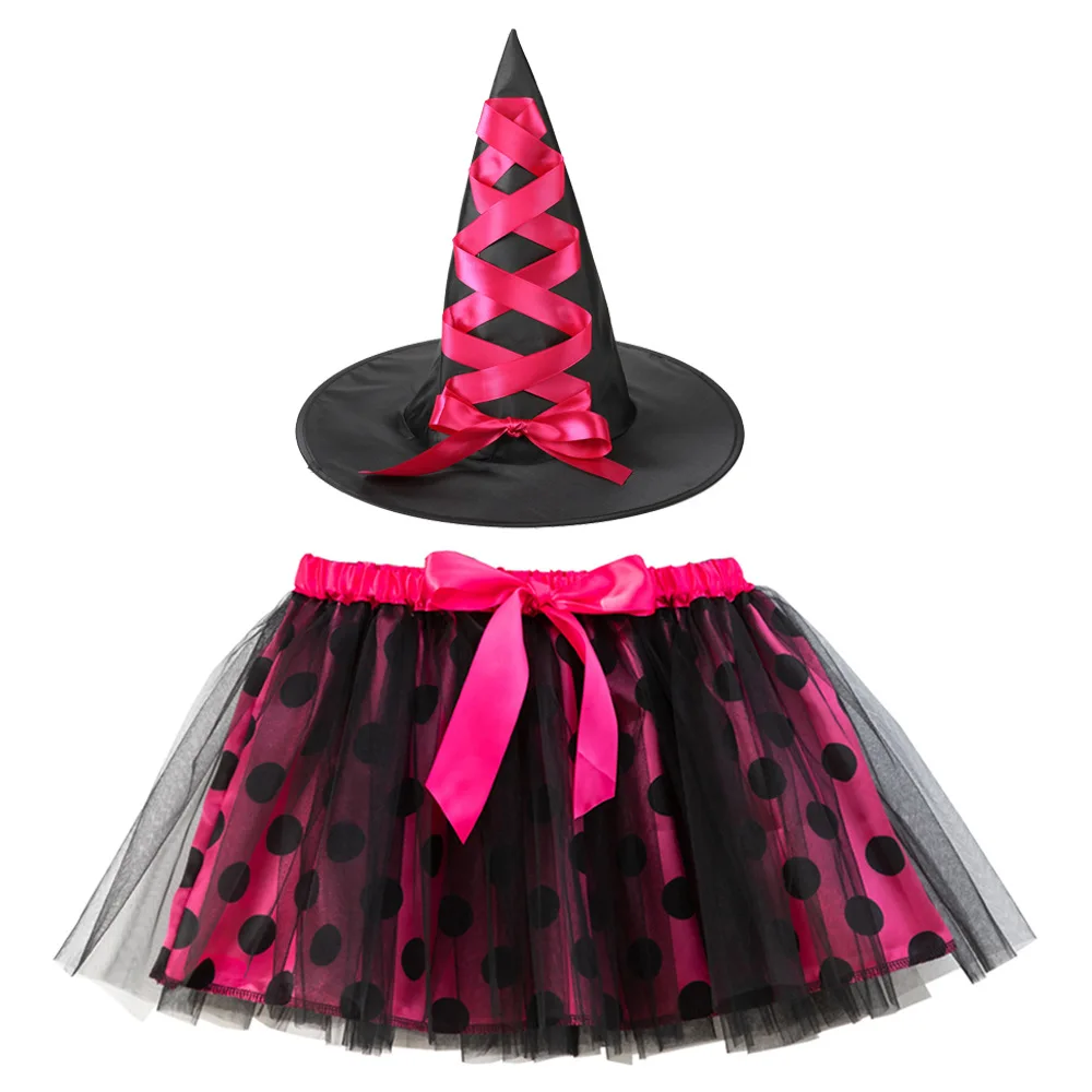 

Halloween Polka Dot Spiderweb Witch Skirt Spider Web Tutu Hat Outfit Party Dress Up Cosplay Costumes Masquerade