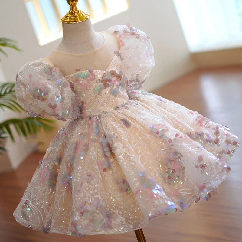 

Girls Dress 2024 New Evening Dresses Puff Sleeve Sequined Princess Skirt Boutique Party Wear Elegant Frocks 1-14Y Kids Clothes