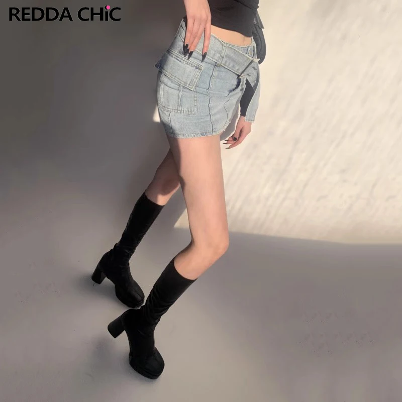 

ReddaChic Flap Pockets Cargo Denim Mini Skirt for Women Belted High Rise A-line Built-in Shorts Vintage Y2k Jean Skorts Bottoms