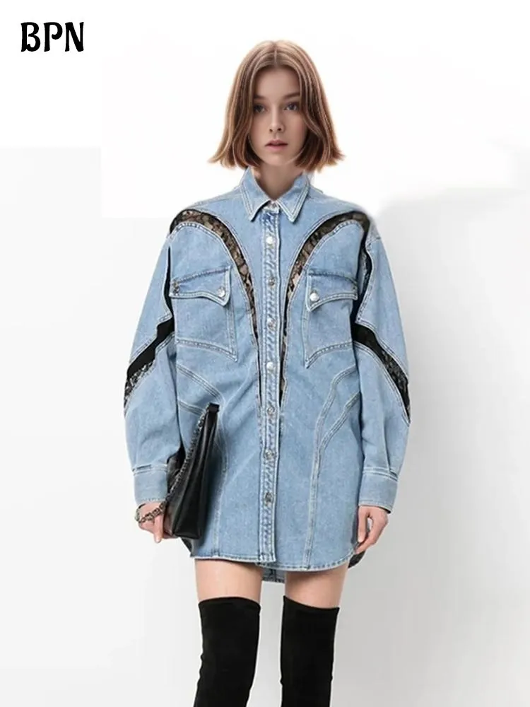BPN Hit Color Patchwork Lace Denim Jackets For Women Lapel Long Sleeve Spliced Single Breasted Autumn Fashion Coats Female Style
BPN Hit Color Patchwork Lace Denim Jackets For Women Lapel Long Sleeve Spliced Single Breasted Autumn Fashion Coats Female Style