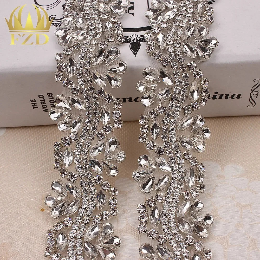 

FZD 1 Yard Iron on Hotfix Beaded Sewing Bridal Wedding Dresses Rhinestone Crystal Applique Trim Sash Headbands Appliques Crystal